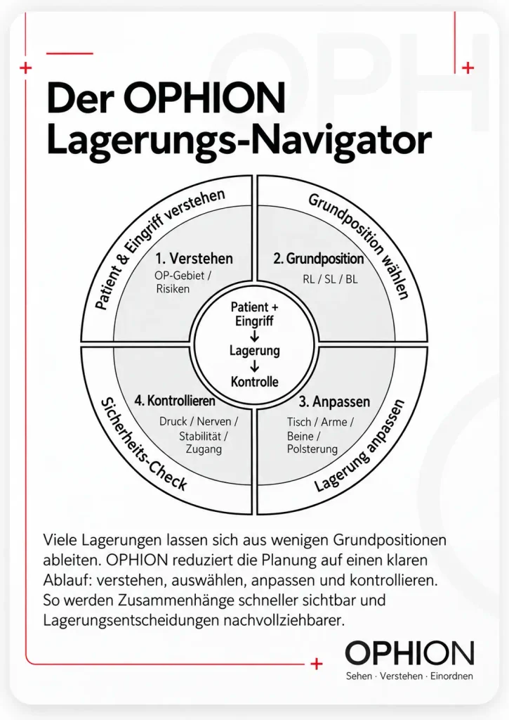 OPHION Lagerungs-Navigator – Patient und Eingriff verstehen, Grundposition wählen, Lagerung anpassen und Sicherheits-Check durchführen