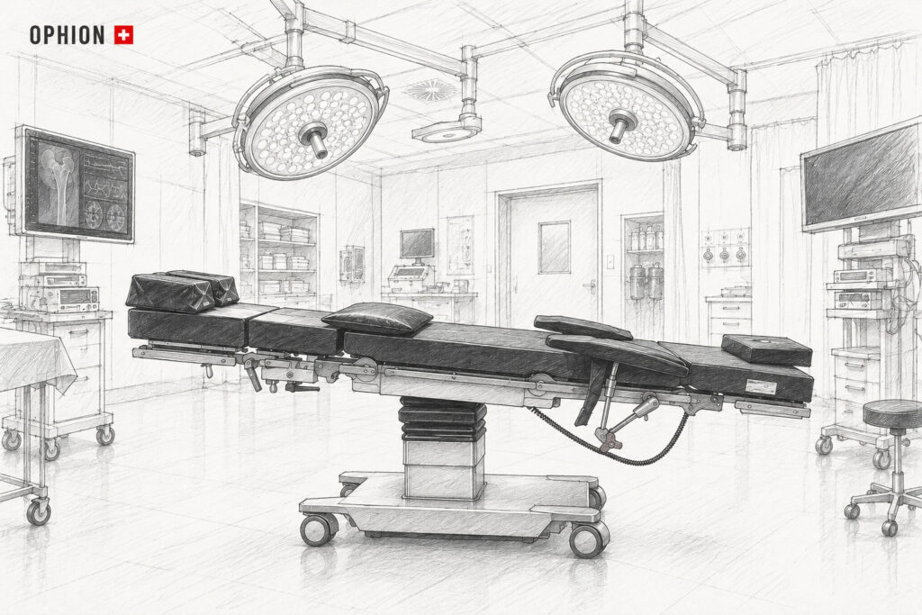 OP-Saal mit Operationstisch, OP-Leuchten und technischer Ausstattung – OPHION Illustration